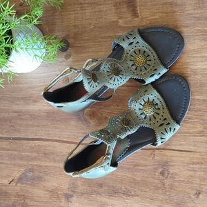 Pikolinos Size 6 Olive Green 1 inch low wedge Leather Cutout Detail Sandals